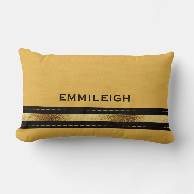 Coussin Rectangle Bande d'or noir géométrique jaune moutarde personn (Recto)