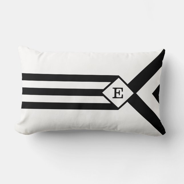 Coussin Rectangle Bandes noires et Chevrons avec Monogramme sur blan (Recto)