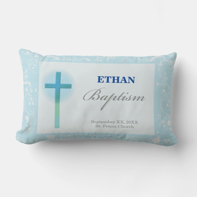 Coussin Rectangle Baptême de garçon au dentelle bleue (Recto)
