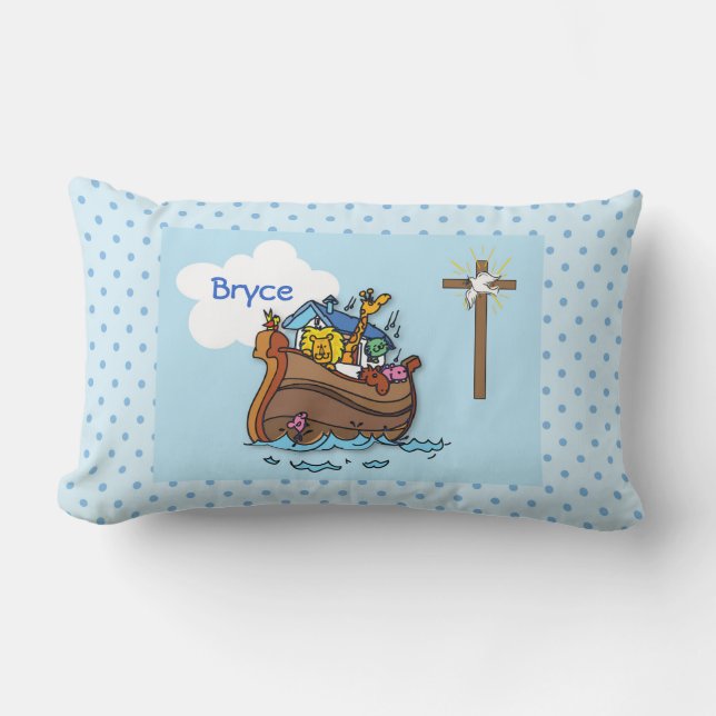 Coussin Rectangle Baptême personnalisable de bébé de l'Arche de Noé, (Recto)