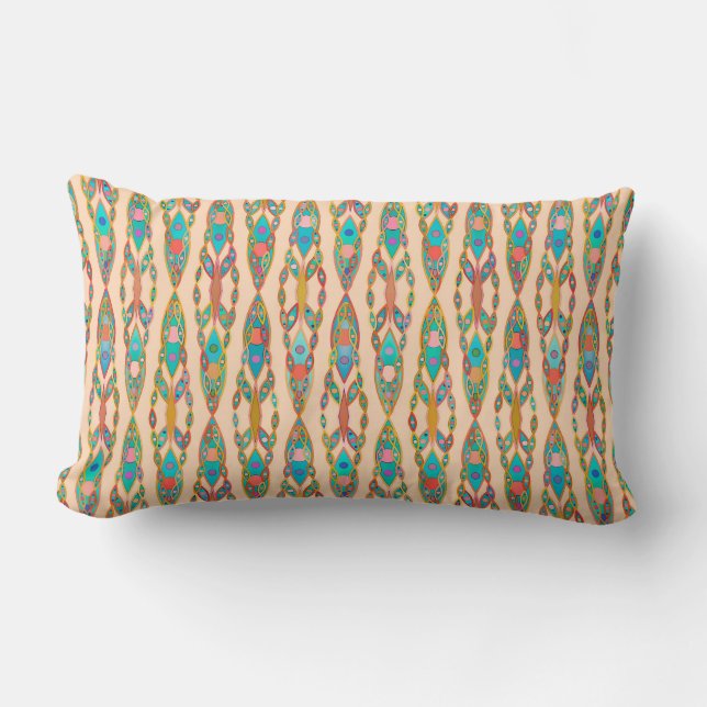 Coussin Rectangle Batik Tribal - Peach rose et Turquoise (Recto)