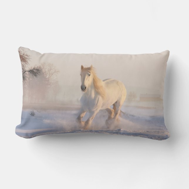 Coussin Rectangle Beau Cheval Blanc Galloping dans la neige (Recto)