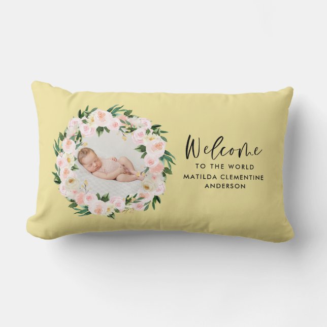 Coussin Rectangle Beau jaune floral girly photo bébé accueil (Recto)