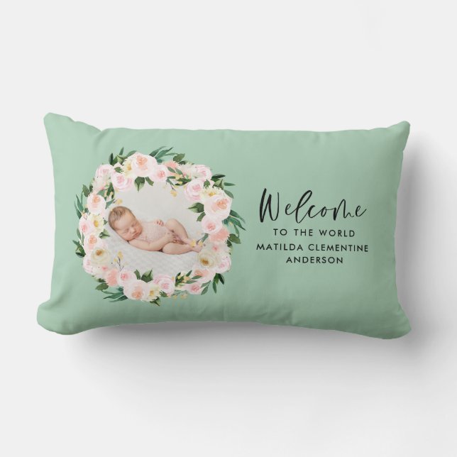 Coussin Rectangle Beau vert floral girly photo bébé accueil (Recto)