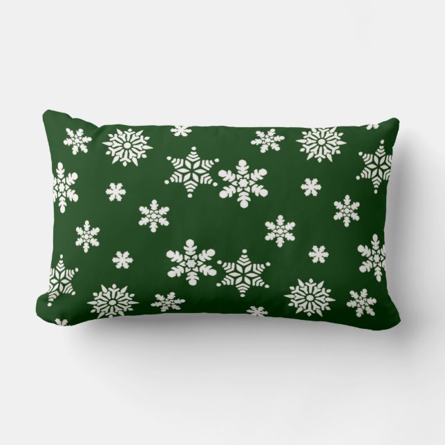 Coussin Rectangle Beaux flocons de neige blancs sur un fond vert (Recto)