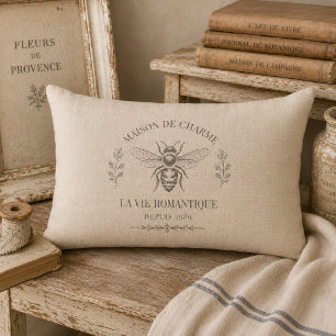 Coussin Rectangle Beige Chaud Gravure de Pays Français Vintage Abeil