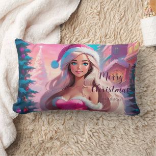Coussin Rectangle Belle fille de Noël rose 01