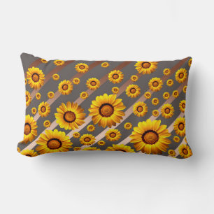 Coussin Rectangle Belles fleurs jaunes sur gris, rayures marron