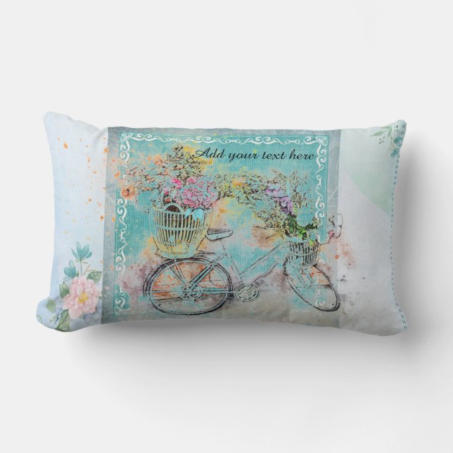 Coussin Rectangle Bicycle with flower baskets on blue burlap (Recto)