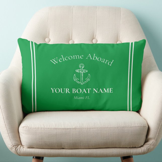 Coussin Rectangle Bienvenue à bord du bateau Nom Kelly Green Nautica (Green and White Welcome Aboard Nautical Lumbar Pillow with Your Boat Name and Home Port)