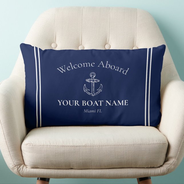 Coussin Rectangle Bienvenue à bord Nom du bateau Marine Bleu Blanc N (Classic Navy Blue Welcome Aboard Nautical Pillow Personalized with Your Boat Name and Home Port)