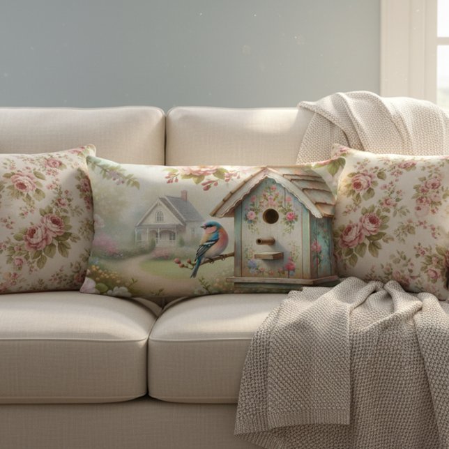 Coussin Rectangle Birdhouse Printemps Avec Fleurs Pastel Et Oiseaux (Créateur téléchargé)