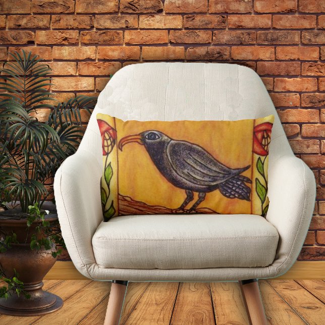 Coussin Rectangle Black Crow Art Déco Art folk Rose (Black crow red flowers on stems on golden yellow home decor pillow.)
