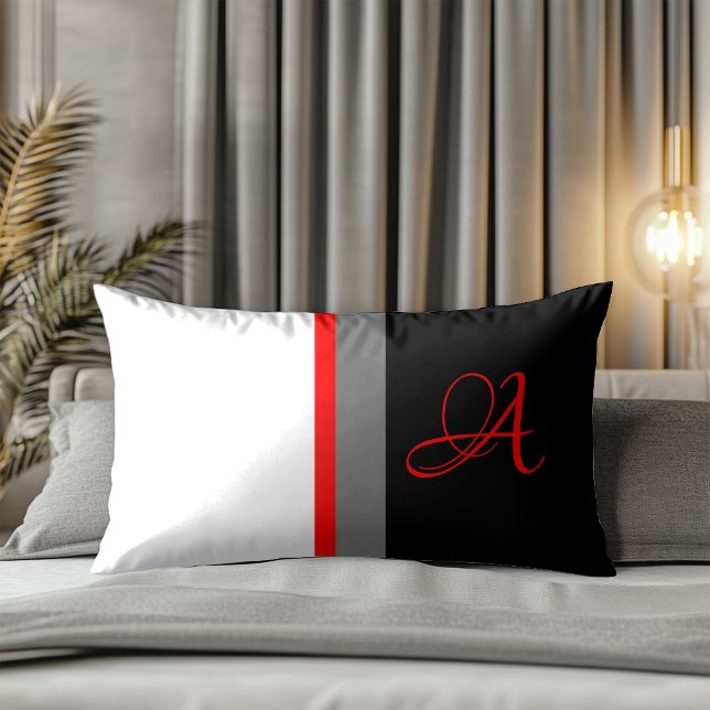 Coussin Rectangle Blanc avec monogramme, rayé de rouge, gris, noir (Créateur téléchargé)