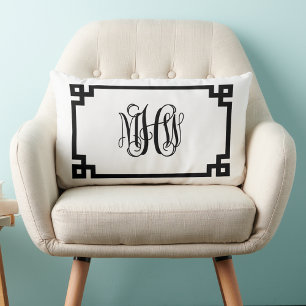 Coussin Rectangle Blanc noir clé grecque Vigne Script Monogramme do-