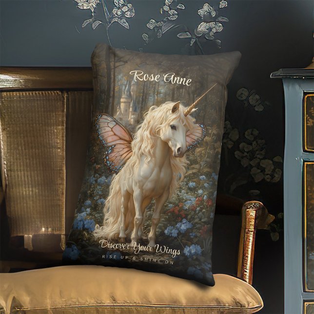 Coussin Rectangle Blanc Unicorne rose Papillon ailes Cheval Fée (Créateur téléchargé)