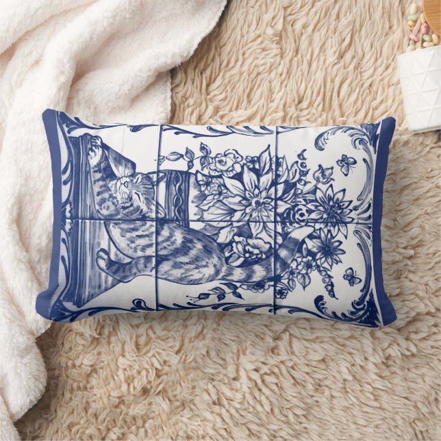 Coussin Rectangle Bleu Blanc Chat Antique Poterie Florale Carrelage  (Couverture)