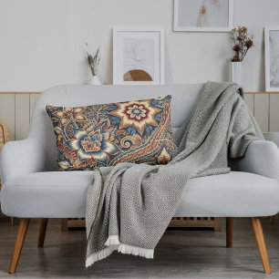 Coussin Rectangle Bleu Brown ivoire Batik indonésien motif floral