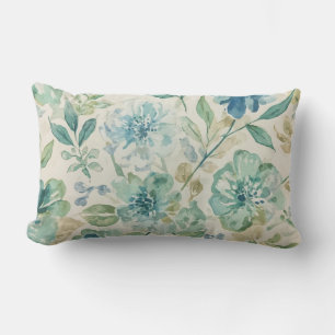 Coussin Rectangle Bleu Ciel Turquoise Vert Beige Crème Floral Abstra