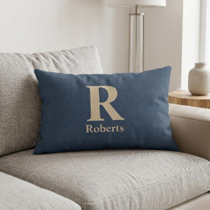 Coussin Rectangle Bleu Classique Et Prénom/Nom De Famille Initial