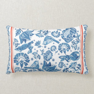 Coussin Rectangle Bleu Corail Blanc Lapin Oiseau Floral Pays França