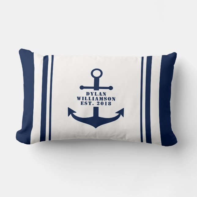 Coussin Rectangle Bleu et blanc - Ancre personnalisable Nautique (Recto)