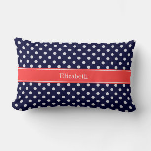 Coussin Rectangle Bleu Marine Blanc Points de Polka Corail Monogramm