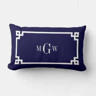 Coussin Rectangle Bleu marine clé grecque blanche #2 encadré monogra