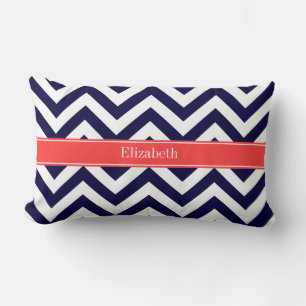 Coussin Rectangle Bleu Marine Grand Chevron Corail Rouge Monogramme 