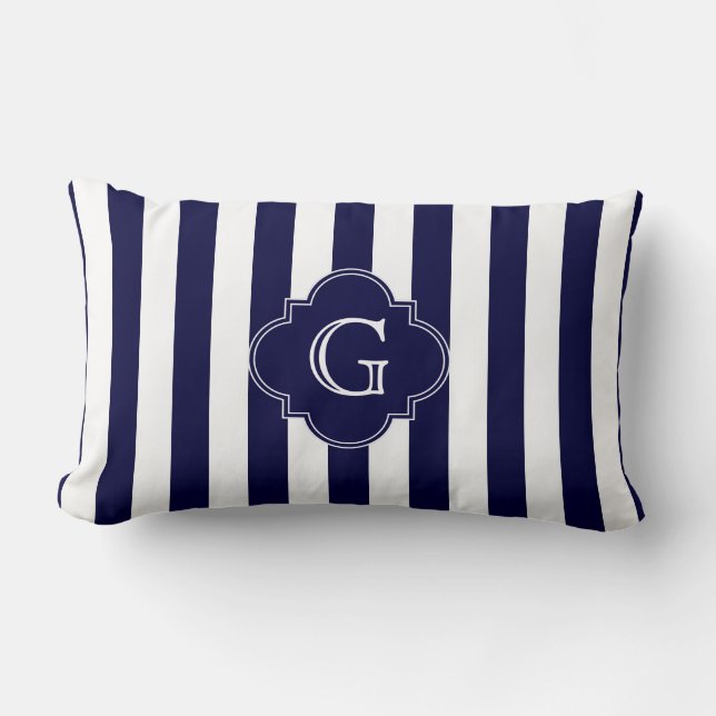 Coussin Rectangle Bleu Marine Rayures Blanches, Monogramme Label Nav (Recto)