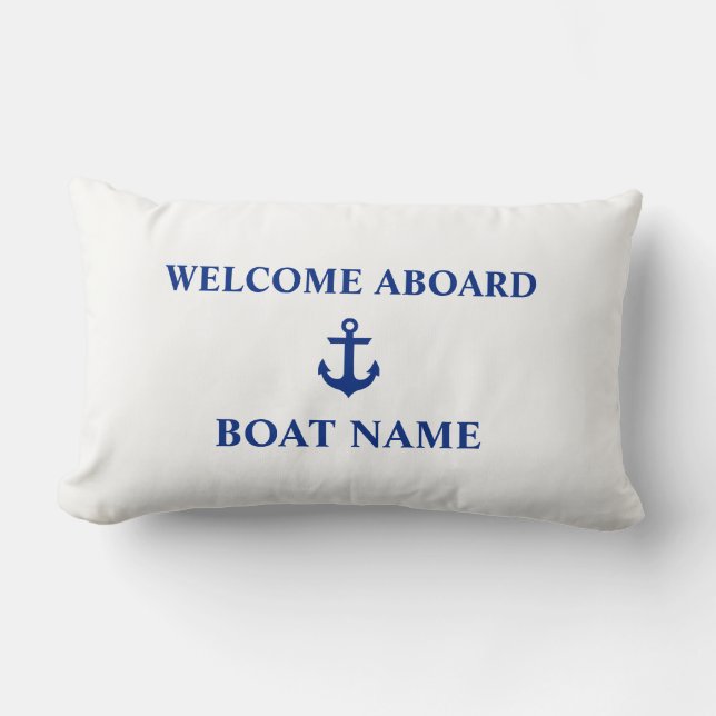 Coussin Rectangle Bleu nautique Bienvenue à bord Nom du bateau Blanc (Recto)