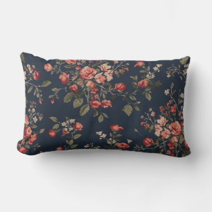 Coussin Rectangle Bleu Nuit Foncé Rouge Sauge Floral Cottage
