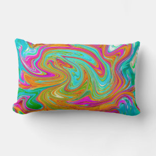 Coussin Rectangle Bleu, Orange et Rose Chaud Abstrait Rétro Groovy