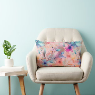Coussin Rectangle Bleu, Pêche et rose Abstrait floral