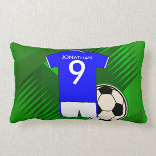 Coussin Rectangle Bleu personnalisé et blanc de Jersey de football
