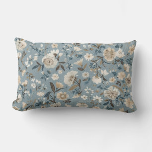 Coussin Rectangle Bleu Poussiéreux Marron Crème Floral Cottage