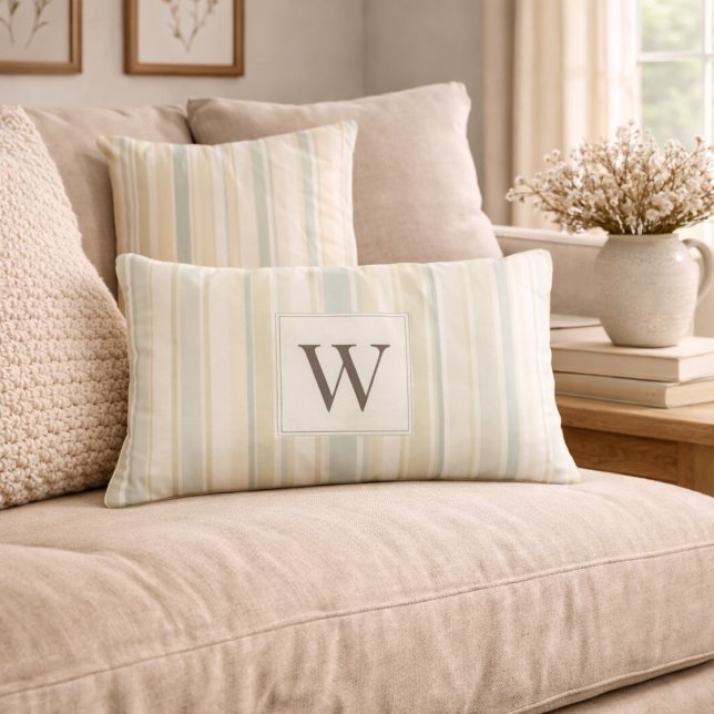 Coussin Rectangle Bleu poussiéreux neutre initial rayé rustique de f (Créateur téléchargé)