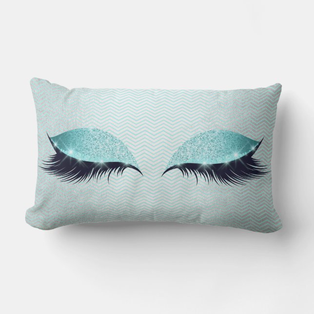 Coussin Rectangle Bleu Tiffany Cat Lashes Parties scintillant maquil (Recto)