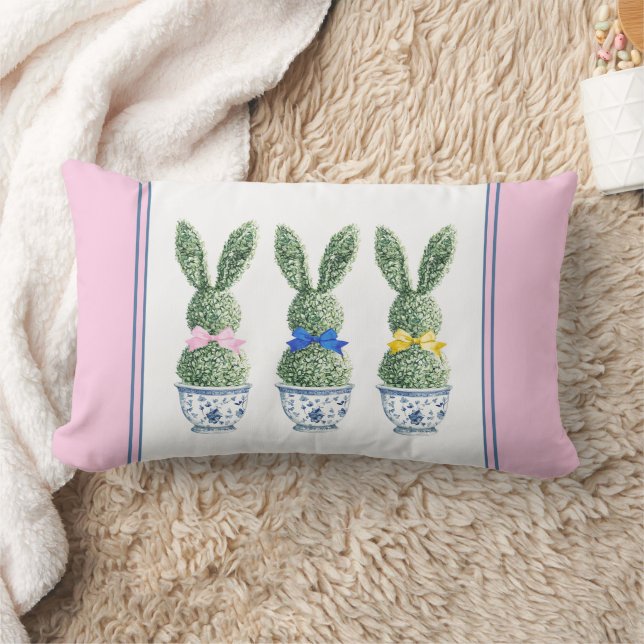 Coussin Rectangle Blue and White Chinoiserie With Rabbit Topiaries (Couverture)