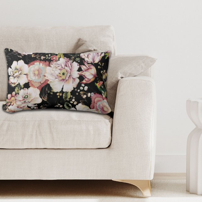 Coussin Rectangle bohème chic rose pâle fleurs sombres floral (bohemian chic blush pink flowers dark floral lumbar pillow)