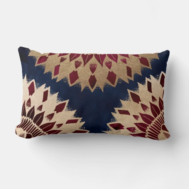 Coussin Rectangle Bohême Gold Navy Bourgogne main tiré Mandala (Recto)