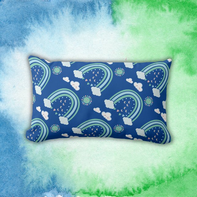 Coussin Rectangle Boho arc-en-ciel vert simple en bleu | (Créateur téléchargé)
