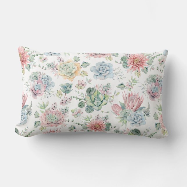 Coussin Rectangle Boho Pastel Aquarelle Succulente Motif Floral (Recto)