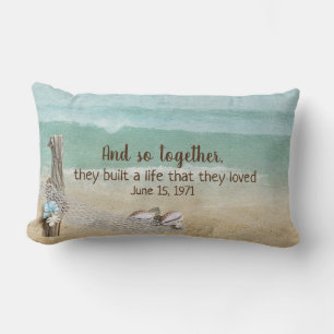 Coussin Rectangle bois flotté et filet nautique sur la plage