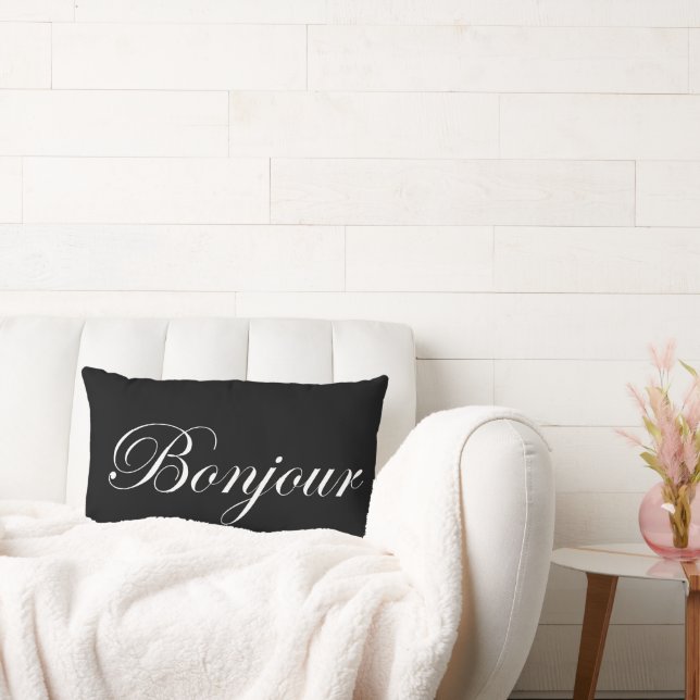Coussin Rectangle Bonjour Blanc sur Noir (Canapé)