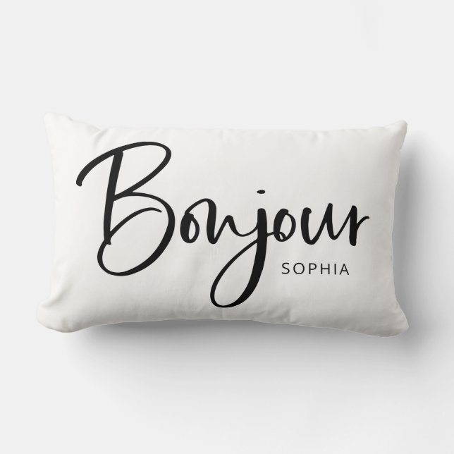 Coussin Rectangle Bonjour | Élégant et moderne script français noir (Recto)