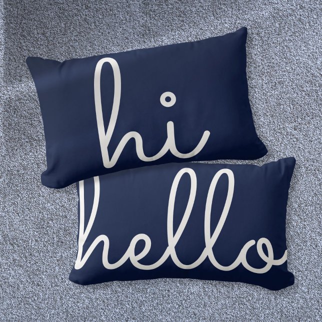 Coussin Rectangle Bonjour élégant Script Fun Navy Blue (Hi Hello Stylish Script Fun Navy Blue Lumbar Pillow)