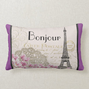 Coussin Rectangle Bonjour Vintage Tour Eiffel Collage avec Fleurs