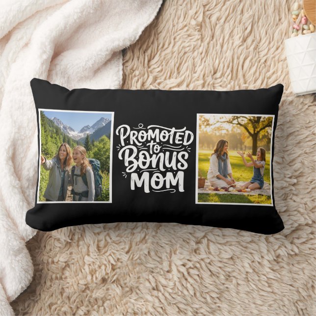 Coussin Rectangle Bonus Mom Promoted Brush Script Double Photo Black (Couverture)