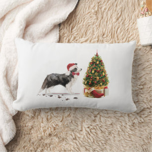 Coussin Rectangle Bordure Collie Funny Chien de Noël avec arbre